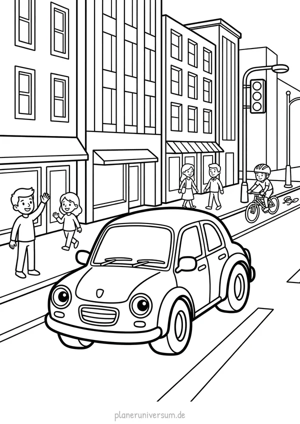 Ein süßes Auto mit Gesicht steht in einer belebten Stadtstraße mit mehrstöckigen Häusern, Fußgängern, einem Fahrradfa…
