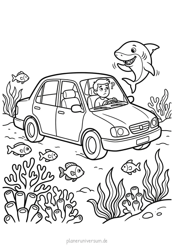 Ein Auto fährt humorvoll unter Wasser auf dem Meeresgrund, umgeben von Fischen, Korallen und einem freundlichen Delfin