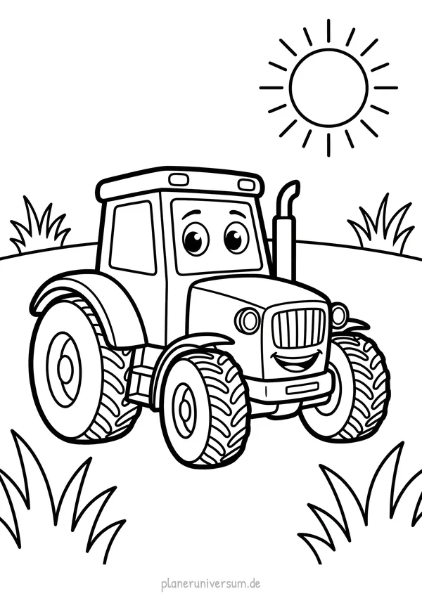 Ein freundlicher Traktor mit lächelndem Gesicht steht auf einem Feld unter der strahlenden Sonne, umgeben von Grasfla…