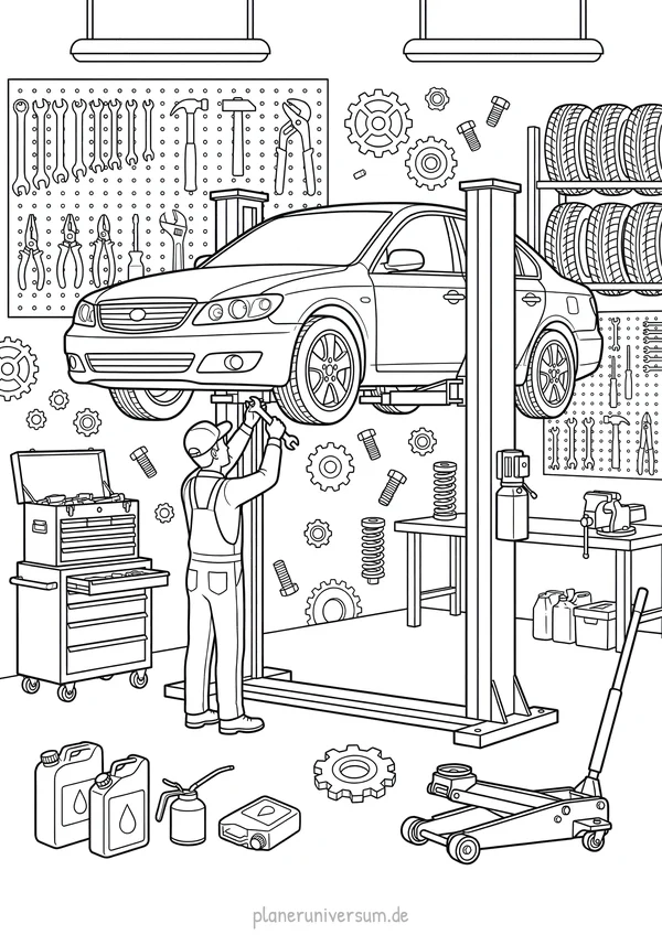 Eine detaillierte Autowerkstatt-Szene mit einem Auto auf der Hebebühne, einem Mechaniker bei der Arbeit, Werkzeugen a…