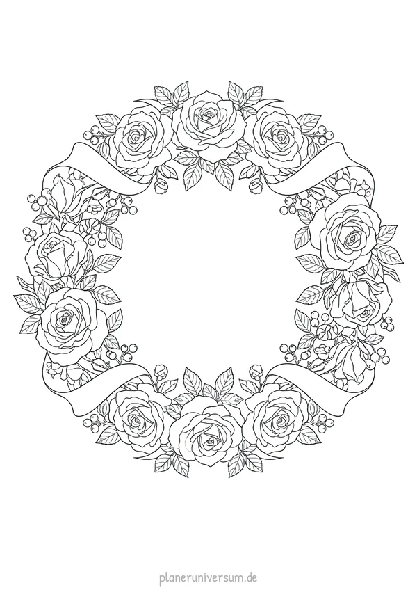 Ein symmetrischer Blumenkranz aus detaillierten Rosen und Beeren mit dekorativen Bändern oben und unten