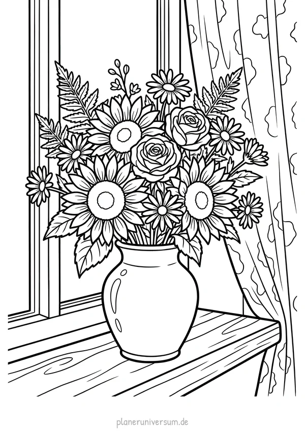 Ein wunderschöner Blumenstrauß mit Sonnenblumen, Rosen und kleineren Blüten steht in einer Vase auf einer Fensterbank