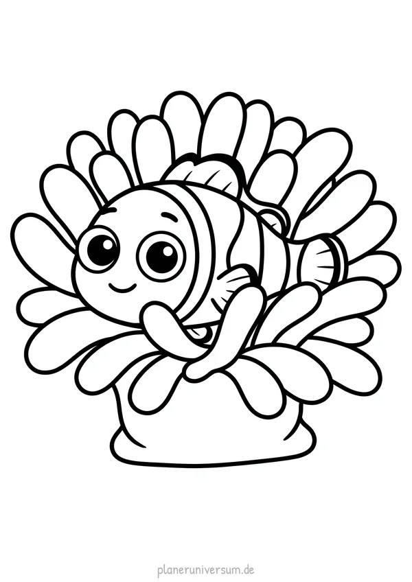 Ein süßer Clownfisch mit großen Augen und glücklichem Gesicht sitzt in einer großen, blütenförmigen Blume