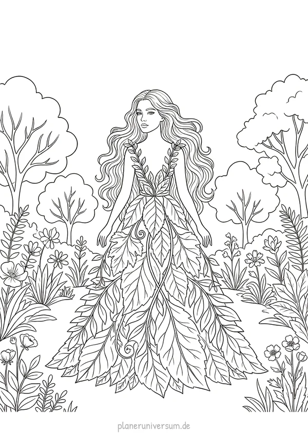 Eine elegante Frau in einem fließenden Kleid aus Blättern steht in einem blühenden Garten umgeben von Bäumen und Blumen