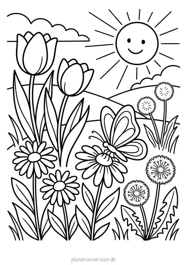 Eine fröhliche Frühlingswiese mit Tulpen, Gänseblümchen, Löwenzahn und einem Schmetterling vor einer lachenden Sonne