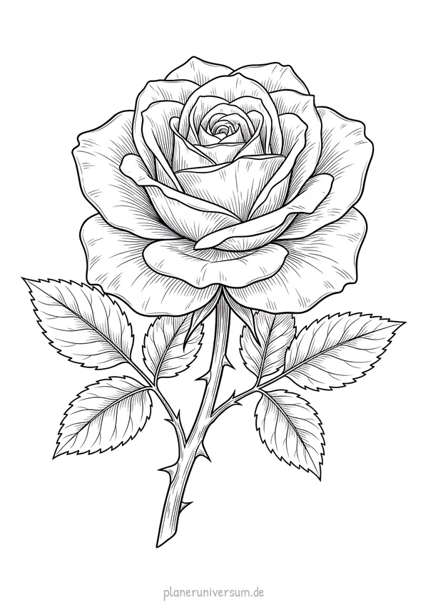 Eine detaillierte botanische Illustration einer aufgeblühten Rose mit mehreren Blättern und feinen Blütenschichten