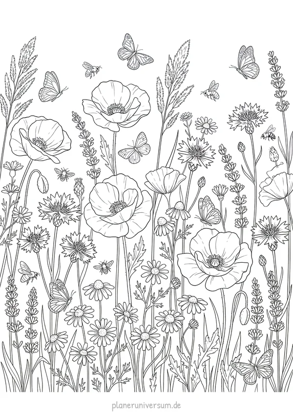 Eine detaillierte botanische Illustration einer Wildblumenwiese mit großen Mohnblüten, Gänseblümchen, Lavendel und me…