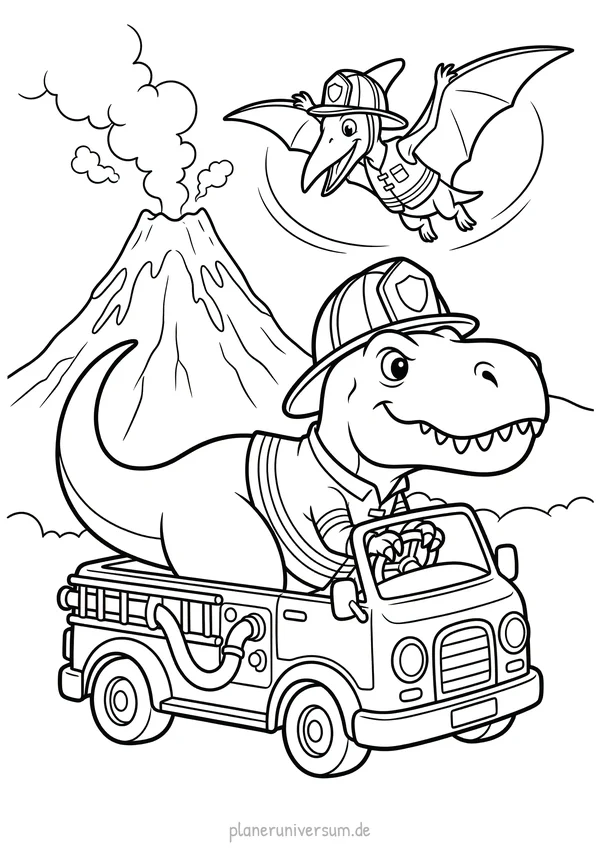 Ein Dinosaurier als Feuerwehrmann sitzt in einem Feuerwehrauto mit Helm und Ausrüstung, während ein fliegender Pterod…