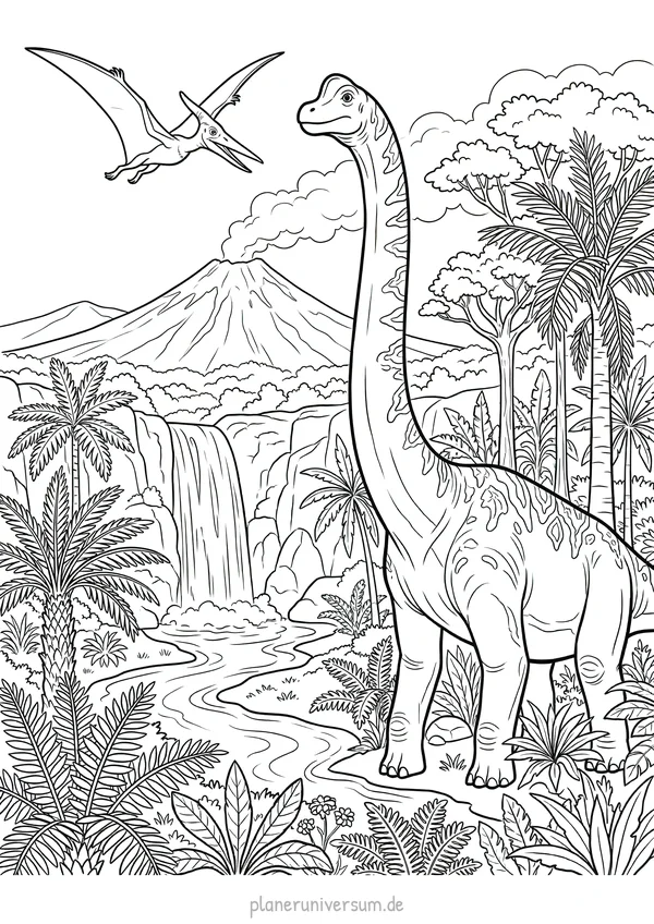 Ein großer Langhalsdino steht in einer prähistorischen Landschaft mit Vulkan, Wasserfällen und üppigen Palmen