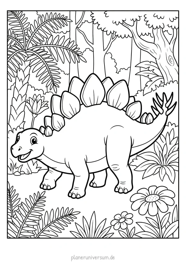 Ein freundlicher Stegosaurus mit charakteristischen Rückenplatten steht in einer üppigen Urzeit-Landschaft voller Pal…