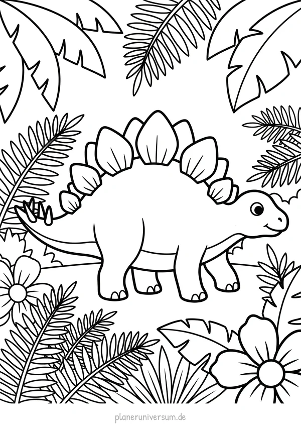 Ein freundlicher Stegosaurus mit charakteristischen Rückenknochenplatten steht in einer üppigen prähistorischen Lands…