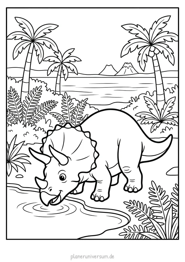 Ein freundlicher Triceratops trinkt am Ufer eines Sees in einer tropischen Urzeit-Landschaft