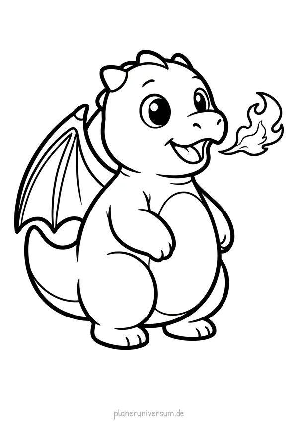 Ein niedliches Baby-Drachen sitzt mit glücklichem Gesichtsausdruck und speit spielerisch Feuer