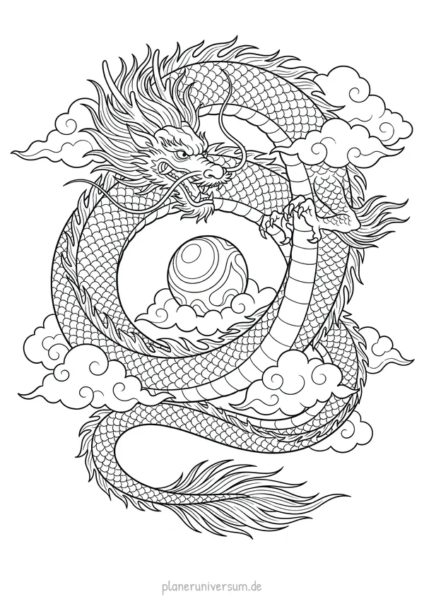 Ein majestätischer chinesischer Drache windet sich spiralförmig um eine leuchtende Perle in der Mitte, umgeben von de…
