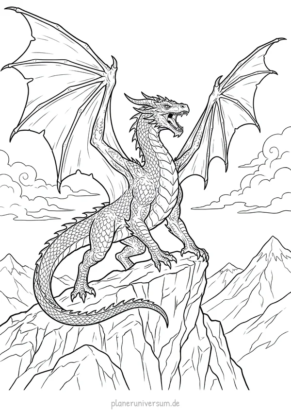 Ein majestätischer Drache mit ausgebreiteten Flügeln sitzt auf einem Felsenplateau in einer bergigen Landschaft