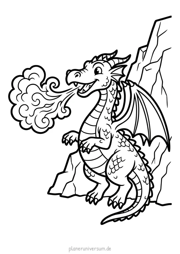 Ein detaillierter Drache sitzt auf einem Felsen und speit Feuer aus seinem Maul