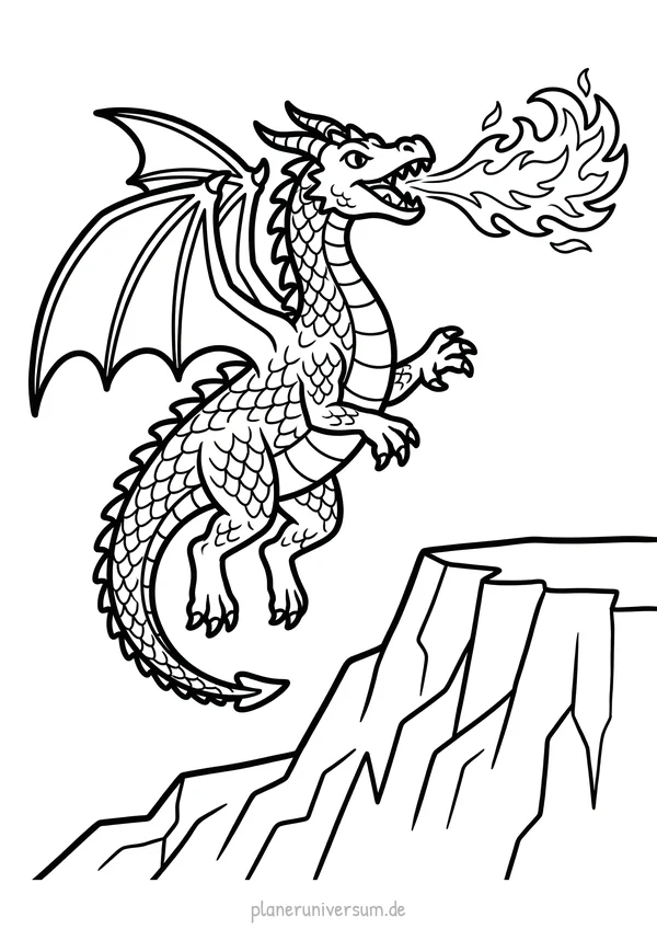 Ein majestätischer Drache mit Flügeln und Schuppenpanzer sitzt auf einem Felsen und speit Feuer aus seinem Maul