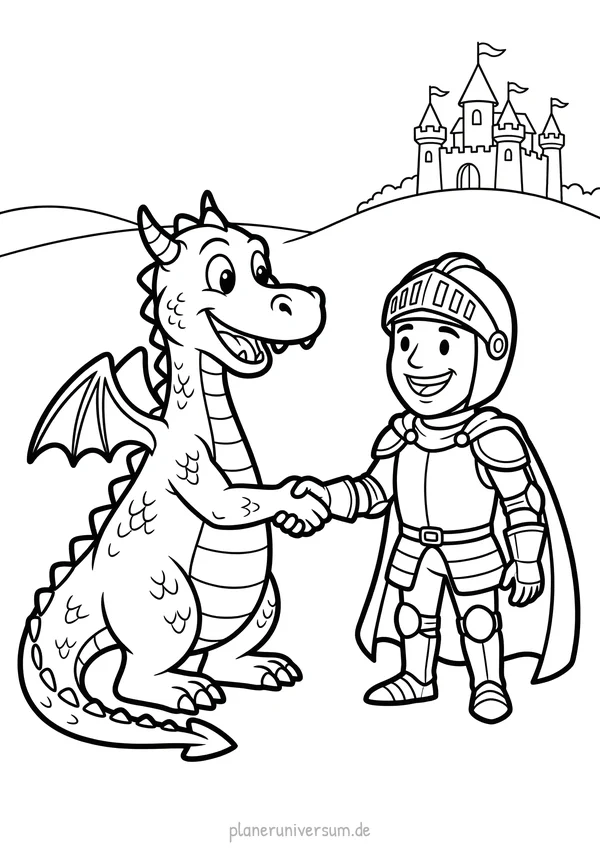 Ein freundlicher Drache schüttelt die Hand mit einem Ritter in voller Rüstung