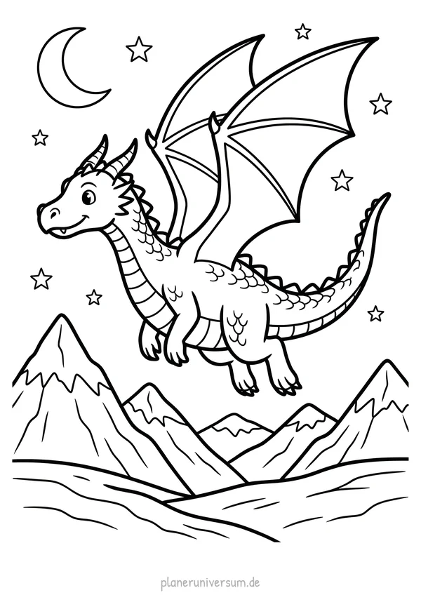 Ein freundlicher Drache mit Flügeln fliegt über eine bergige Berglandschaft bei Nacht