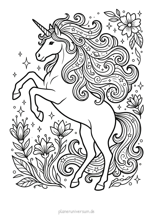 Ein magisches Einhorn mit fließender, lockiger Mähne springt anmutig durch einen Blumengarten, umgeben von zarten Blü…
