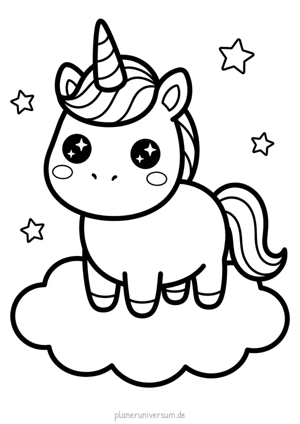 Ein süßes Kawaii-Einhorn sitzt auf einer flauschigen Wolke und schaut mit großen, funkelnden Augen den Betrachter an