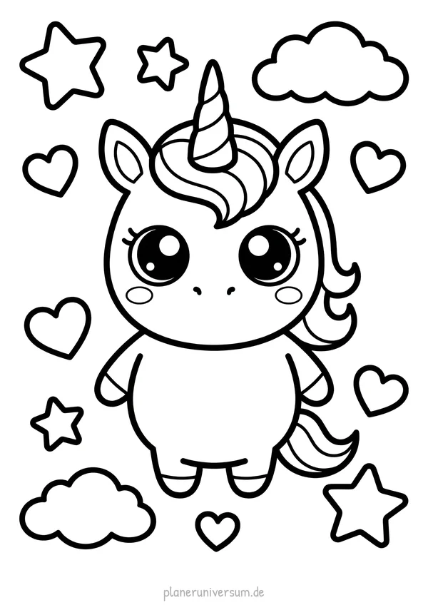 Ein süßes Kawaii-Einhorn sitzt frontal mit großen glänzenden Augen, umgeben von Sternen, Herzen, Wolken und weiteren …