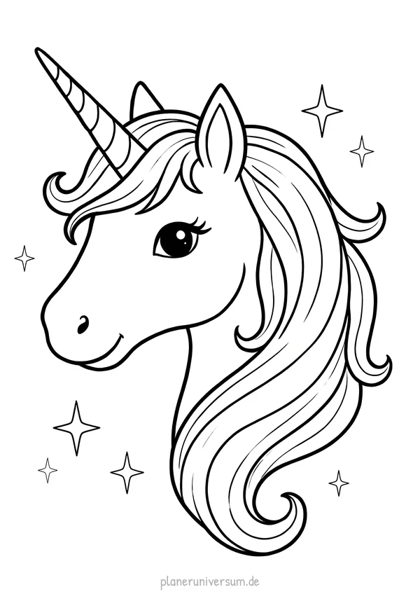 Ein wunderschönes Einhorn-Kopf-Porträt mit geschwungener Mähne, spiralförmigem Horn und funkelnden Sternen im Hinterg…