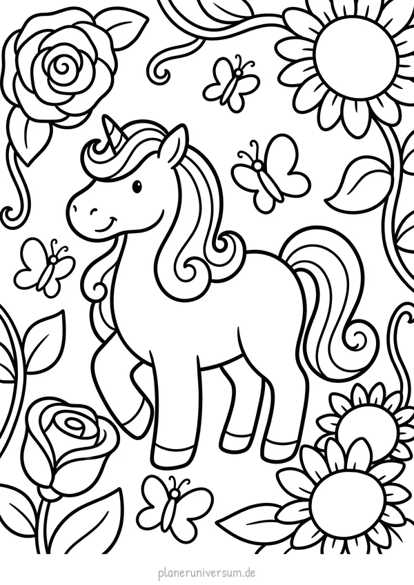 Ein verspieltes Einhorn steht in einem blühenden Garten umgeben von Rosen, Sonnenblumen, Schmetterlingen und Blättern