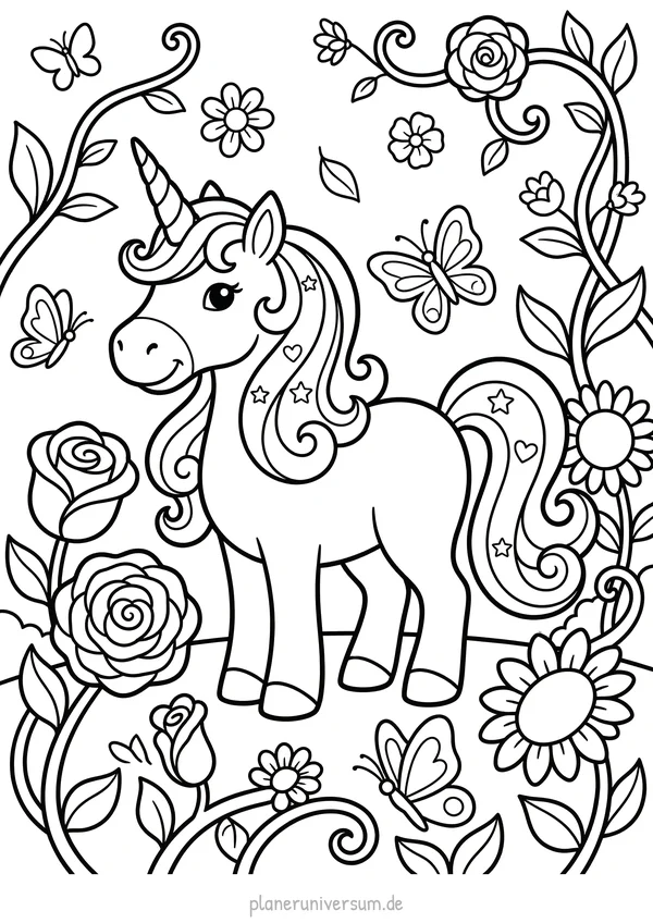 Ein wunderschönes Einhorn mit lockiger Mähne steht in einem üppigen Blumengarten umgeben von Rosen, Blüten, Schmetter…