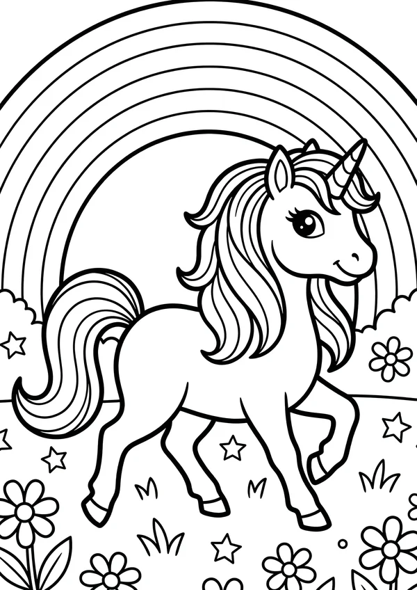 Ein süßes Einhorn mit lockiger Mähne und spiralförmigem Horn steht in einem Blumengarten vor einem bunten Regenbogen