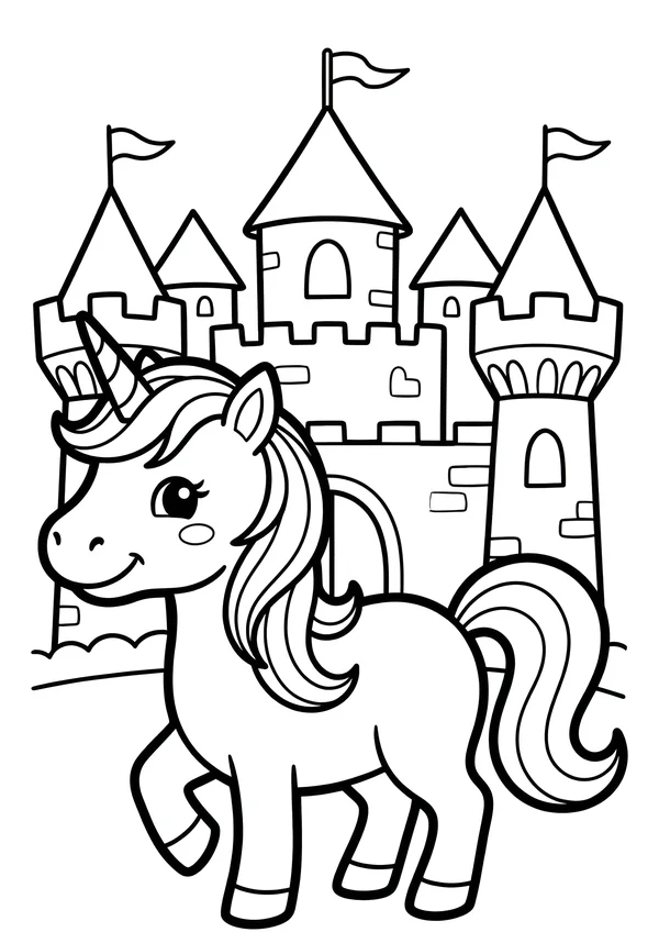 Ein süßes Einhorn mit fließender Mähne steht vor einem märchenhaften Schloss mit mehreren Türmen und wehenden Flaggen