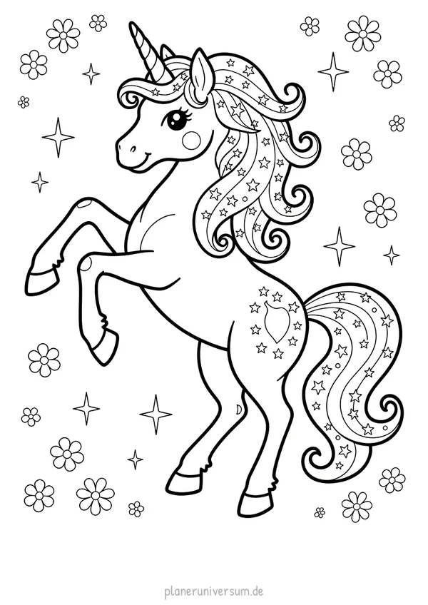 Ein verspieltes Einhorn springt fröhlich durch eine magische Landschaft, umgeben von Blumen und Sternen
