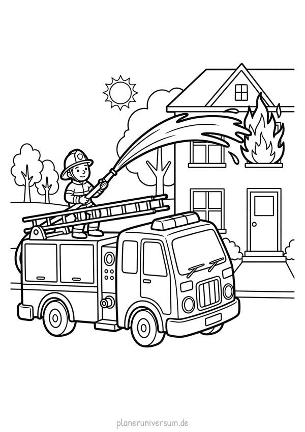 Ein Feuerwehrmann mit Helm steht auf einer Leiter und sprüht mit einem Schlauch Wasser auf ein brennendes Haus