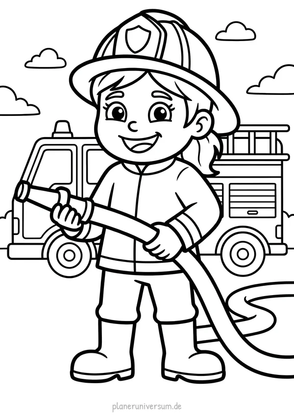 Eine lächelnde Feuerwehrfrau mit Helm und Uniform hält einen Feuerwehrschlauch in der Hand