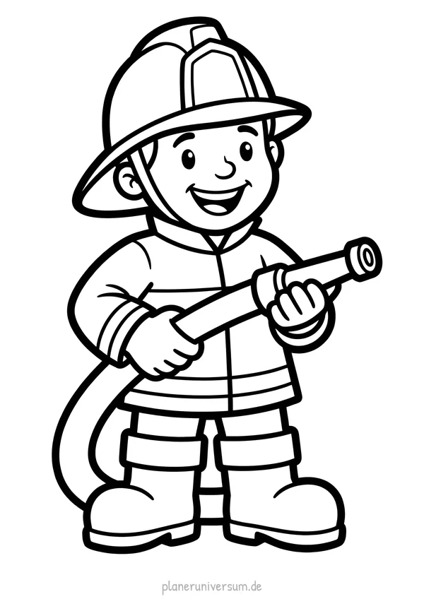 Ein freundlicher Feuerwehrmann mit Helm und Uniform hält einen Feuerwehrschlauch in den Händen