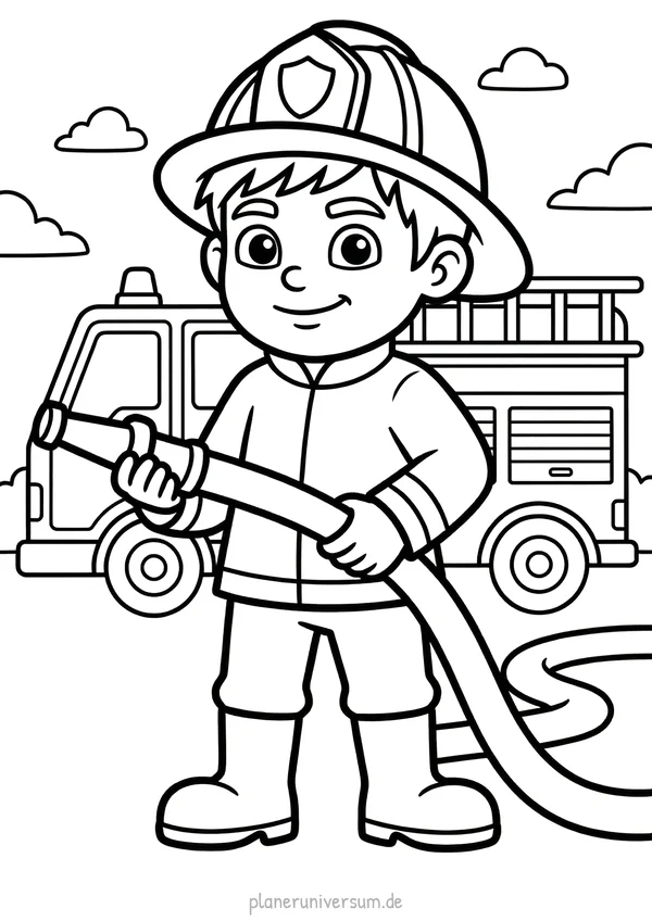 Ein freundlicher Feuerwehrmann mit Helm und Uniform hält einen Feuerwehrschlauch in den Händen