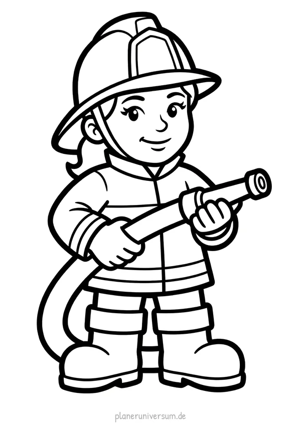 Ein lächelnder Feuerwehrmann mit Helm und Schutzkleidung hält einen Feuerwehrschlauch und eine Lupe in den Händen