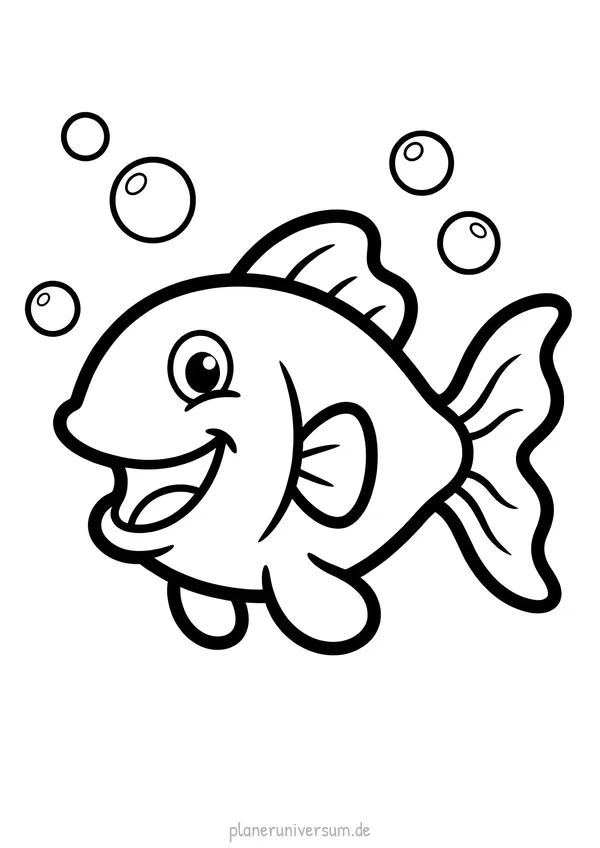 Ein fröhliches, cartoon-artiges Fisch-Ausmalbild mit großem Auge und lachend offenem Maul