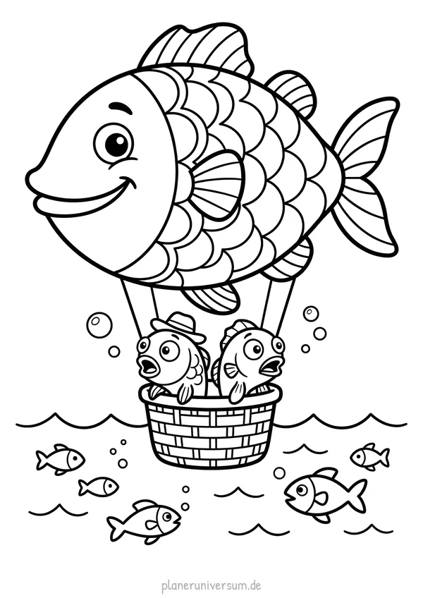 Ein großer lachender Fisch fliegt in einem Heißluftballon über dem Wasser, während zwei kleine Fische im Korb sitzen