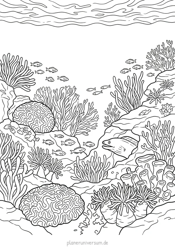 Eine detaillierte Unterwasser-Szene mit einem Korallenriff voller verschiedener Korallensorten, schwimmenden Fischen …