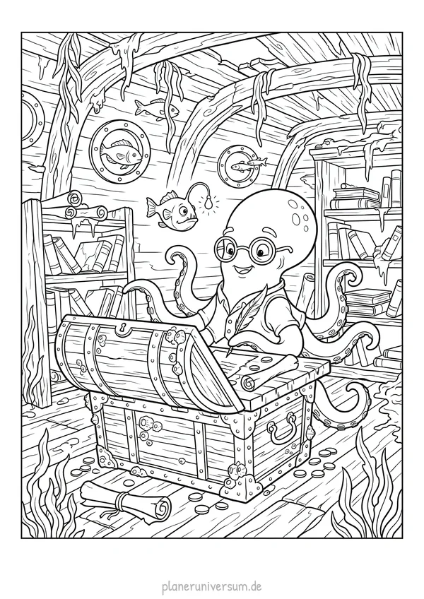Ein freundlicher Oktopus mit großen Augen sitzt in seiner gemütlichen Unterwasser-Bibliothek voller Bücher und Holzmöbel