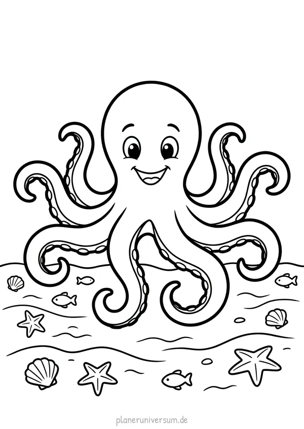 Ein freundlicher Oktopus mit lächelndem Gesicht sitzt auf dem Meeresgrund und ist umgeben von Muscheln, Seesternen un…