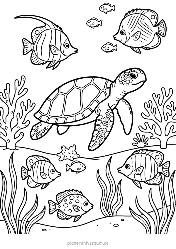 Eine detaillierte Unterwasser-Szene mit einer Meeresschildkröte als Hauptmotiv, umgeben von verschiedenen Fischen, Se…