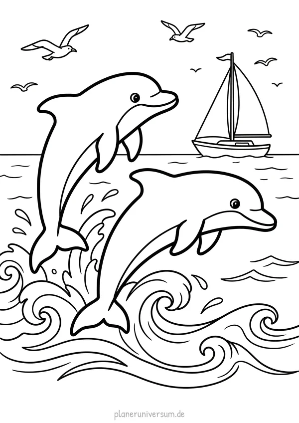 Zwei spielende Delfine springen aus dem Wasser neben einem Segelboot mit Möwen