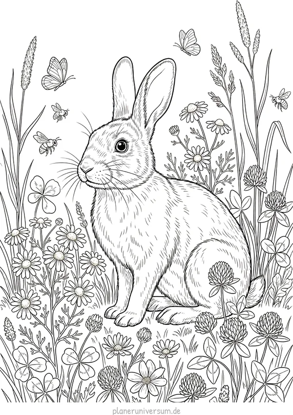 Ein niedliches Hase sitzt inmitten eines blühenden Blumenfeldes mit Gänseblümchen, Klee und Gräsern