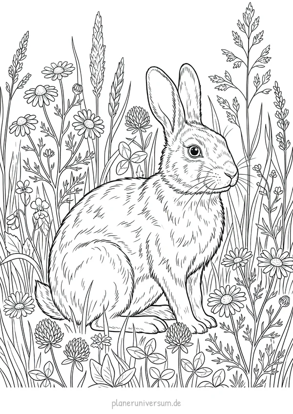 Ein sitzendes Kaninchen ist umgeben von verschiedenen Wildblumen und Gräsern in einer detaillierten Gartenszene
