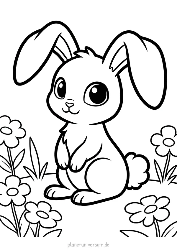 Ein süßes, kawaii-stilisiertes Häschen sitzt inmitten von Blumen und schaut freundlich