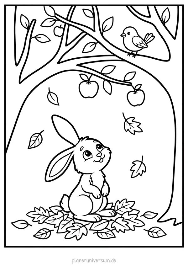 Ein niedlicher Hase sitzt unter einem Apfelbaum und schaut nach oben zu einem kleinen Vogel auf dem Ast