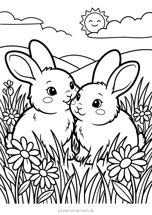 Zwei süße Hasen sitzen nebeneinander in einem Blumenfeld mit Gänseblümchen und Gras