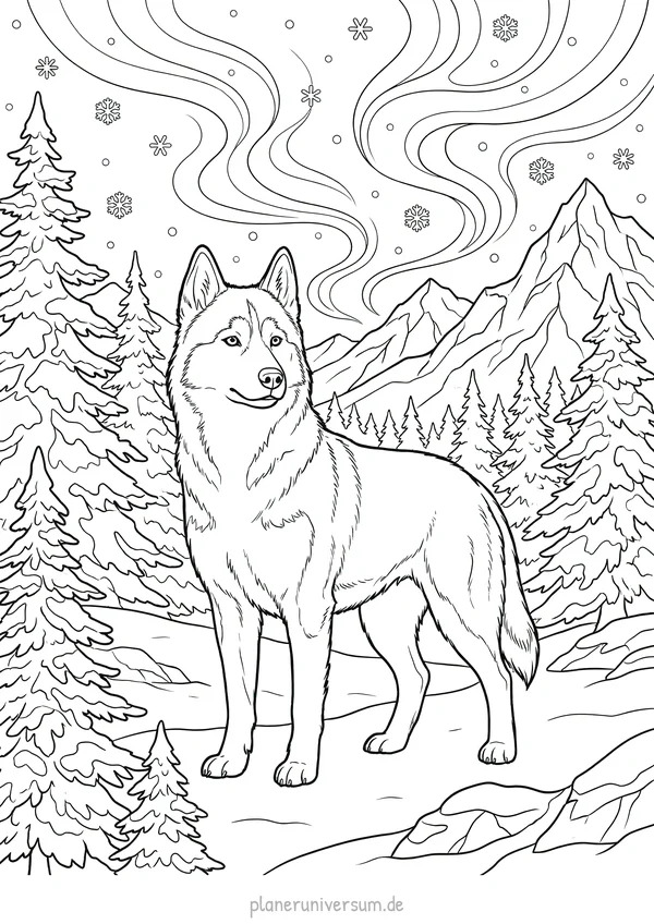 Ein majestätischer Husky steht in einer verschneiten Winterlandschaft mit Tannen, verschlungenen Himmelmustern und fa…